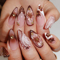 Brown Floral Almond Press On Nails – 3D Butterfly & Gold Accents