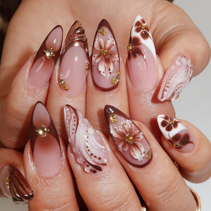 Brown Floral Almond Press On Nails – 3D Butterfly & Gold Accents