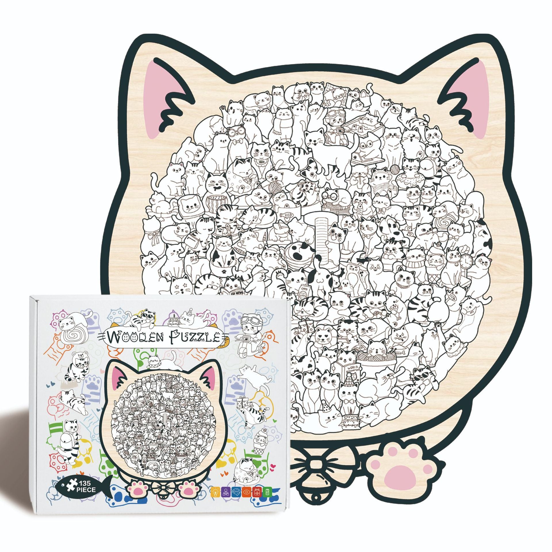 Morandi Colored Cat Shaped Wooden Jigsaw Puzzle
