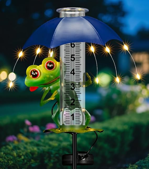 Rain Gauge Outdoor - Frog Rain Gauge with LED Solar Lights, Metal Water Gauge for Yard Garden Decor