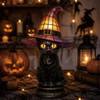 Halloween Gothic Black Cat Witch Hat Lamp, Stained Glass Style Decor
