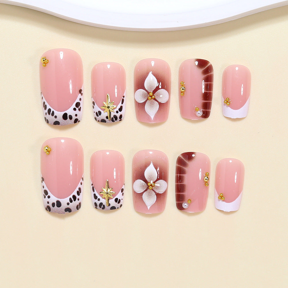 Cow Print French Short Square Press On Nails with 3D Flower | 24 Count