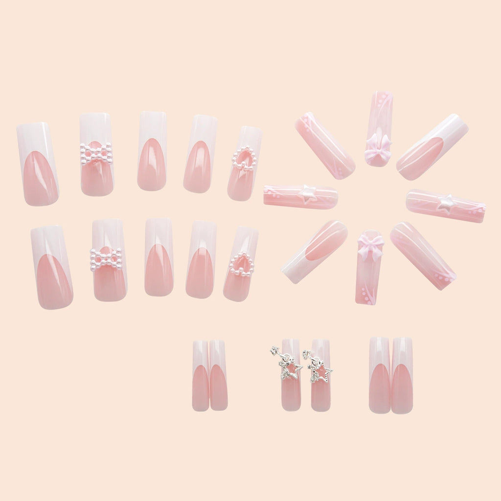 24-Piece Pink French Bow, Pearl Heart & Star Long Coffin Press-On Nails