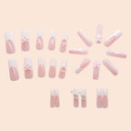 24-Piece Pink French Bow, Pearl Heart & Star Long Coffin Press-On Nails