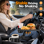 Car Cup Holder Tray with 360° Adjustable Food Tray & Extra Cup Holder