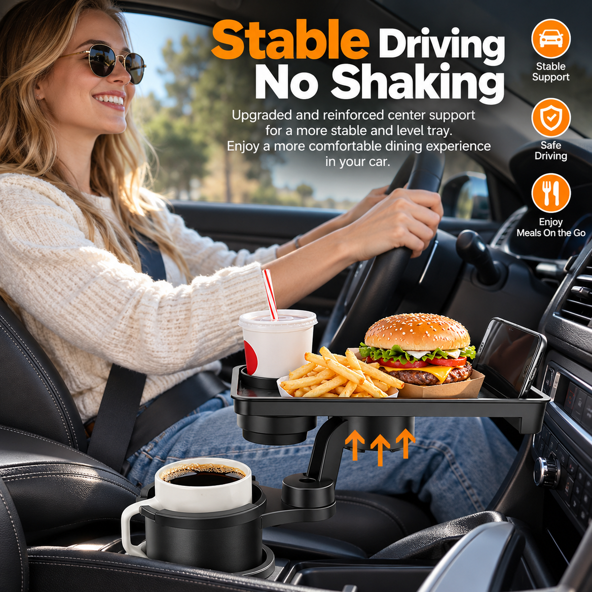 Car Cup Holder Tray with 360° Adjustable Food Tray & Extra Cup Holder