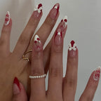 Cherry French Press-On Nails with 3D Bows & Hearts – Medium Short