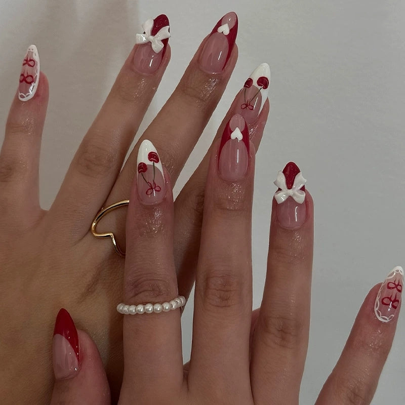 Cherry French Press-On Nails with 3D Bows & Hearts – Medium Short