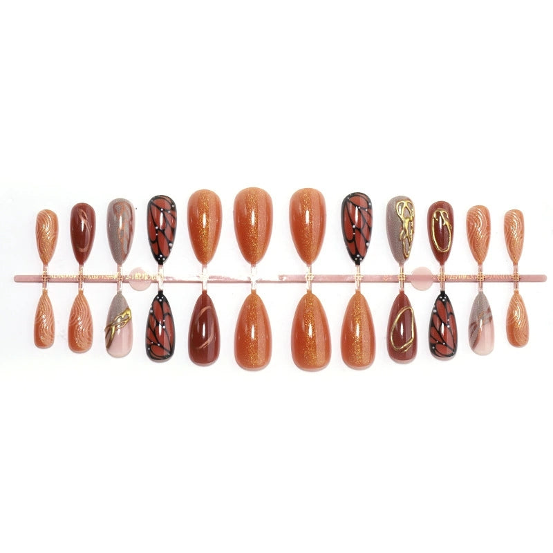 Brown Butterfly Press On Nails – Gold Chrome Medium Almond Design