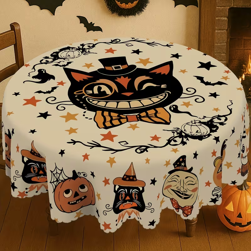 Halloween Tablecloth, Round Polyester Table Cover for Party Decor