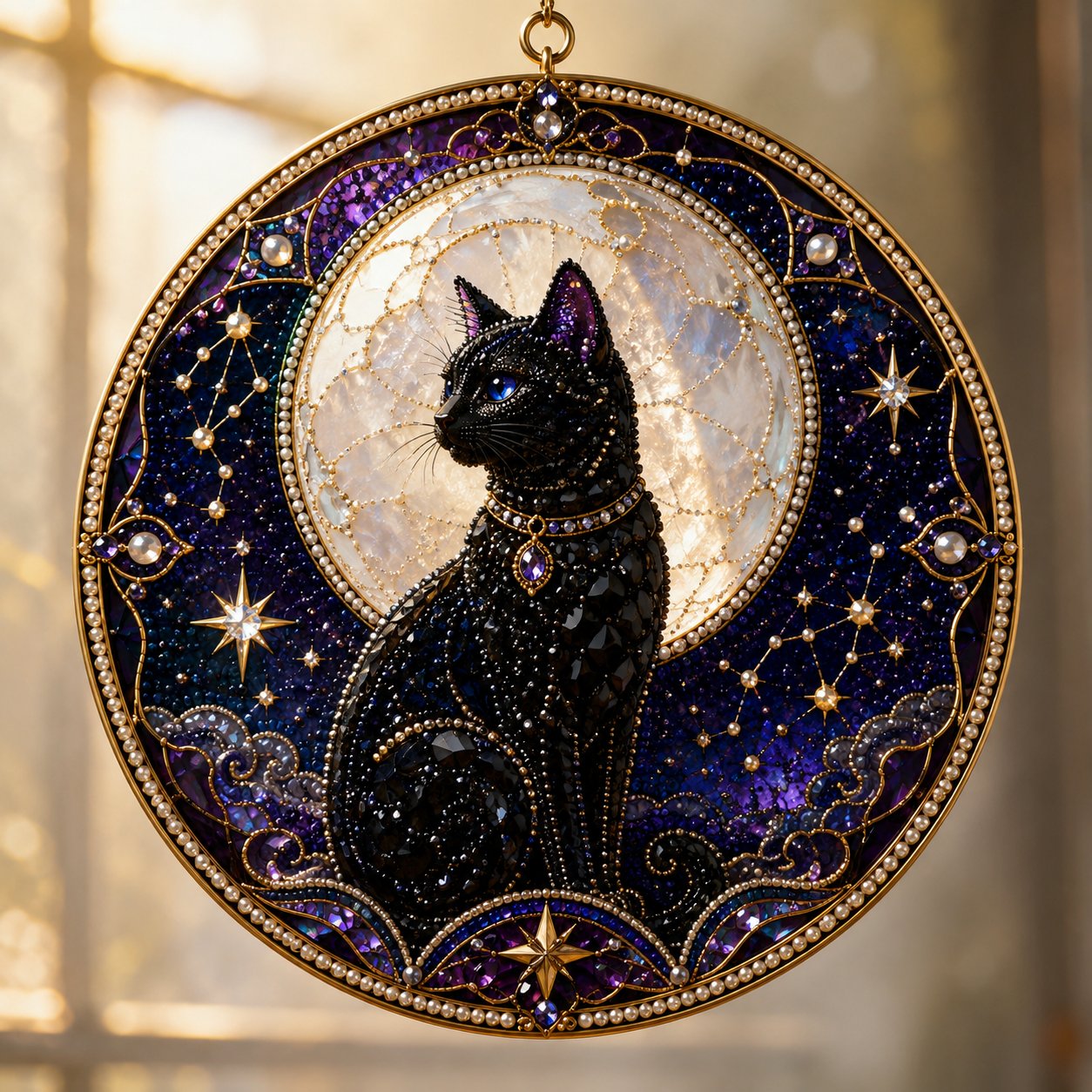 3D Pearl Celestial Black Cat Window Hanging Kit