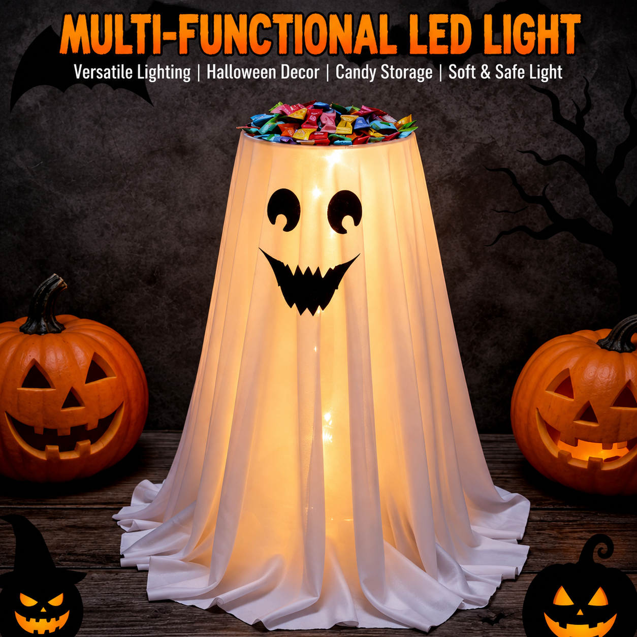 Halloween Ghost Candy Holder with LED Lights & Remote Control for Porch Decor