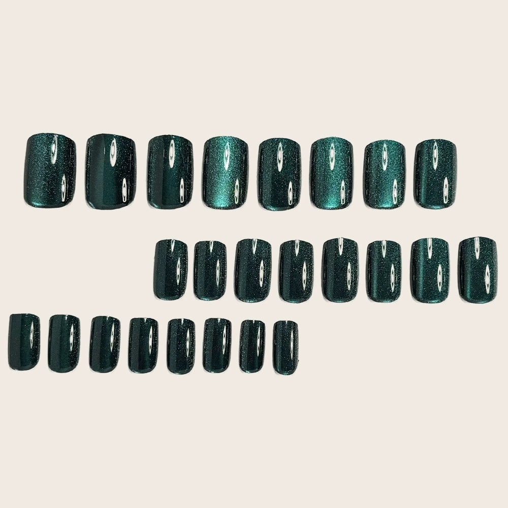 Dark Green Cat Eye Press On Nails – Short Square Glossy Design