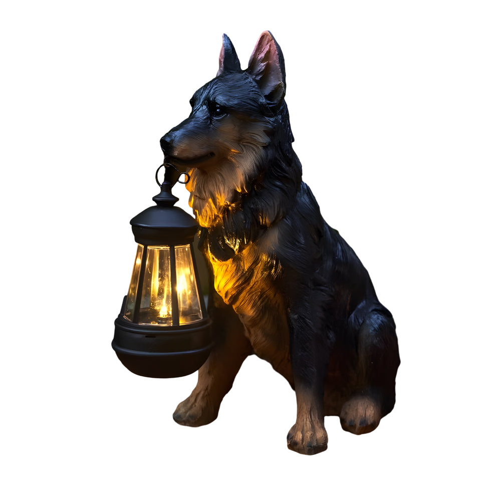 Resin Dog Statue with Solar Lantern, Outdoor Garden Decor Light