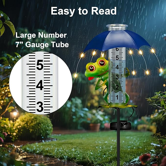 Rain Gauge Outdoor - Frog Rain Gauge with LED Solar Lights, Metal Water Gauge for Yard Garden Decor