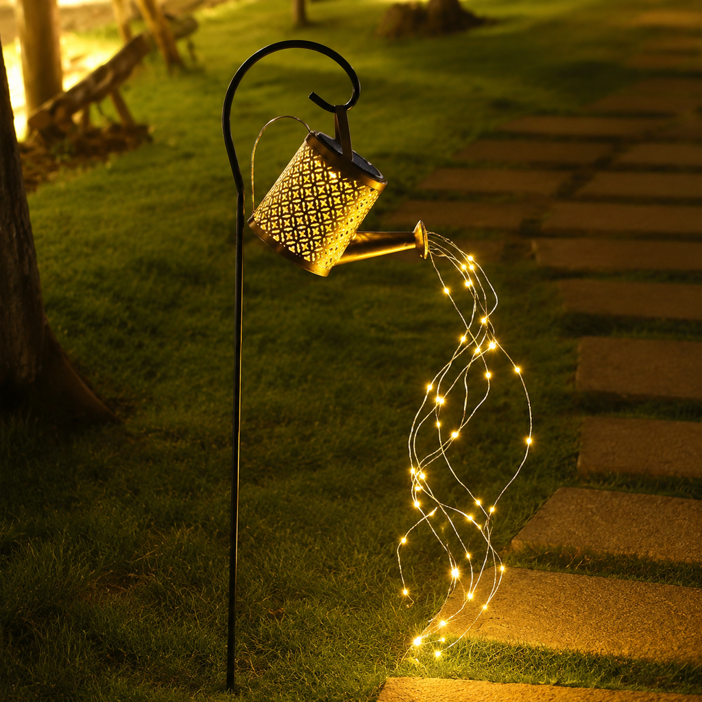 Solar Watering Can Garden Light with Waterfall LED for Outdoor Decor