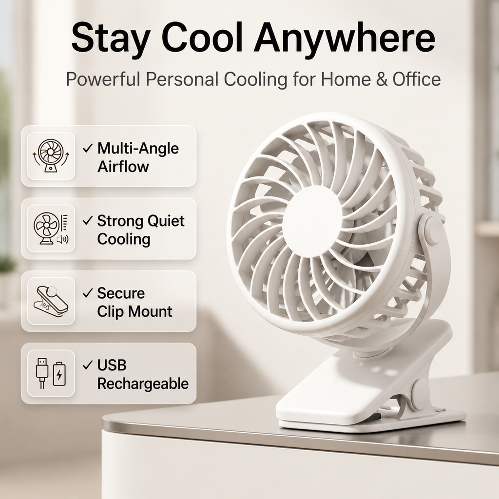 USB Rechargeable Portable Clip-On Cooling Fan with 3 Speed Settings
