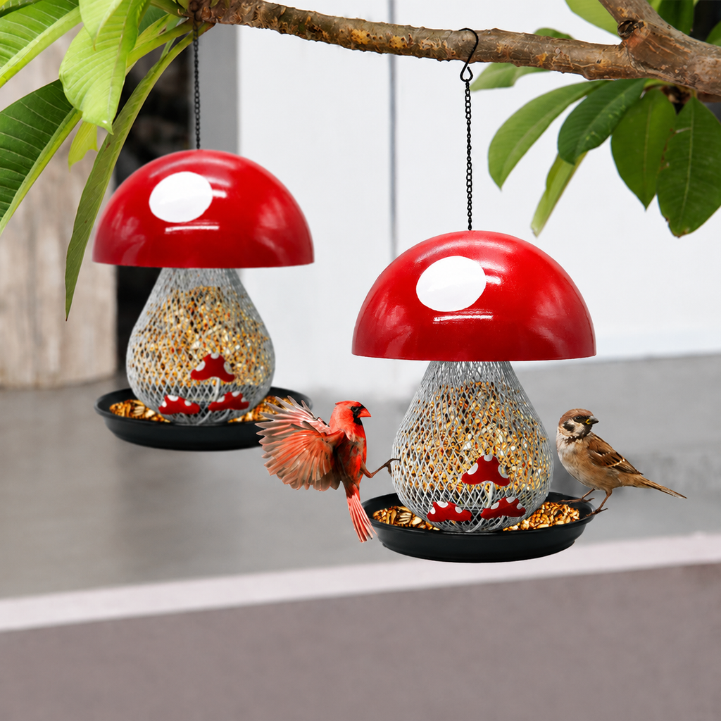 Hanging Mushroom Bird Feeder for Outdoor Garden and Backyard Use