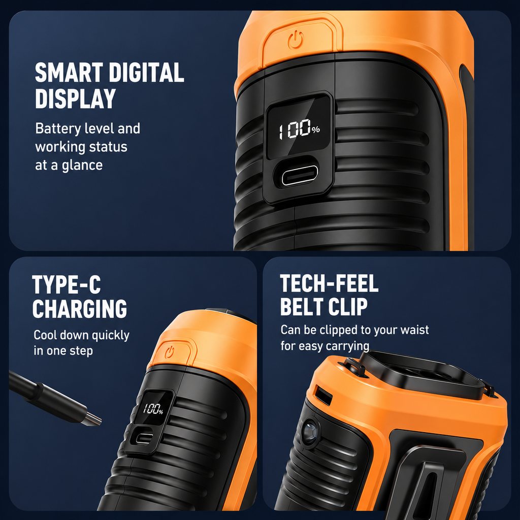 6000mAh Dual Air Outlet Handheld Fan with LED Light & USB-C Charging