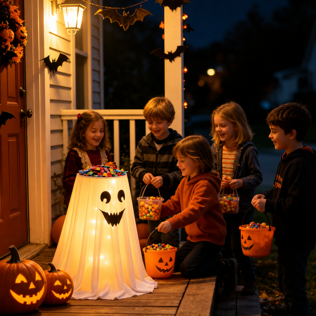 Halloween Ghost Candy Holder with LED Lights & Remote Control for Porch Decor