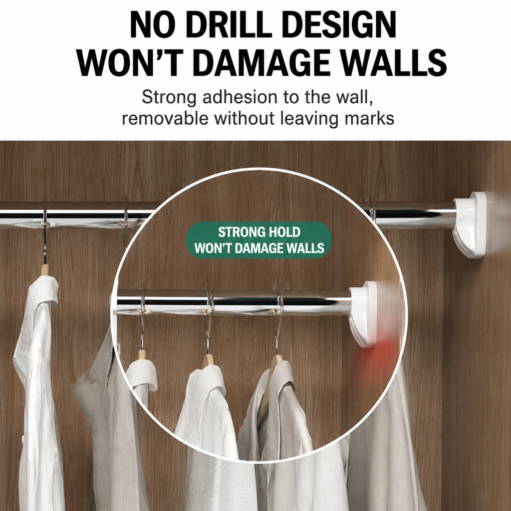 32mm Stainless Steel Tension Rod, Adjustable No Drill Rod for Closet, Curtain & Bathroom