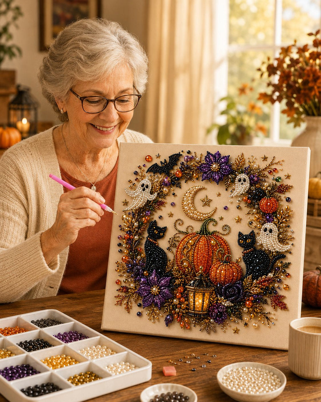Halloween Ghost Pearl Diamond Painting DIY Art Kit, 3D Bead Craft