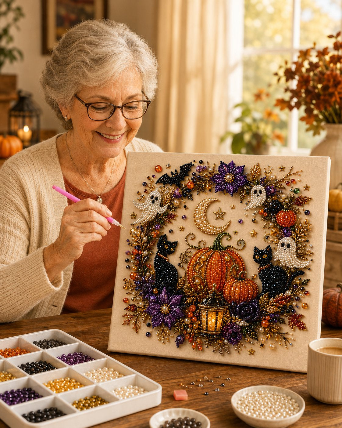 Halloween Ghost Pearl Diamond Painting DIY Art Kit, 3D Bead Craft