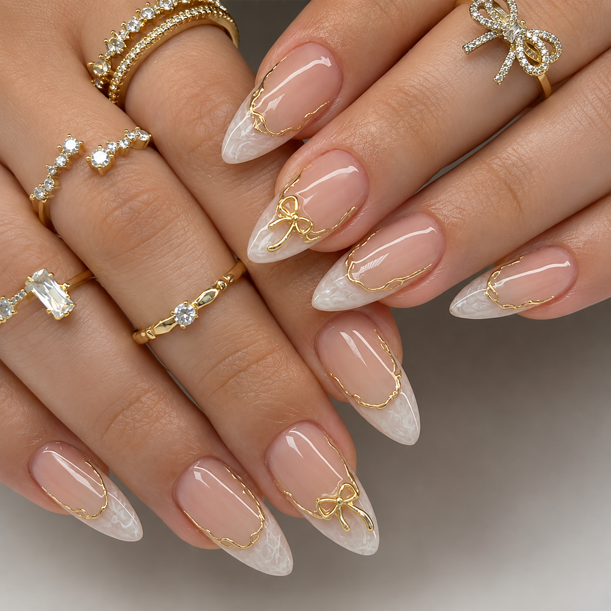 3D Gold Bow Marble French Short Almond Press-On Nails, 24-Pc Kit