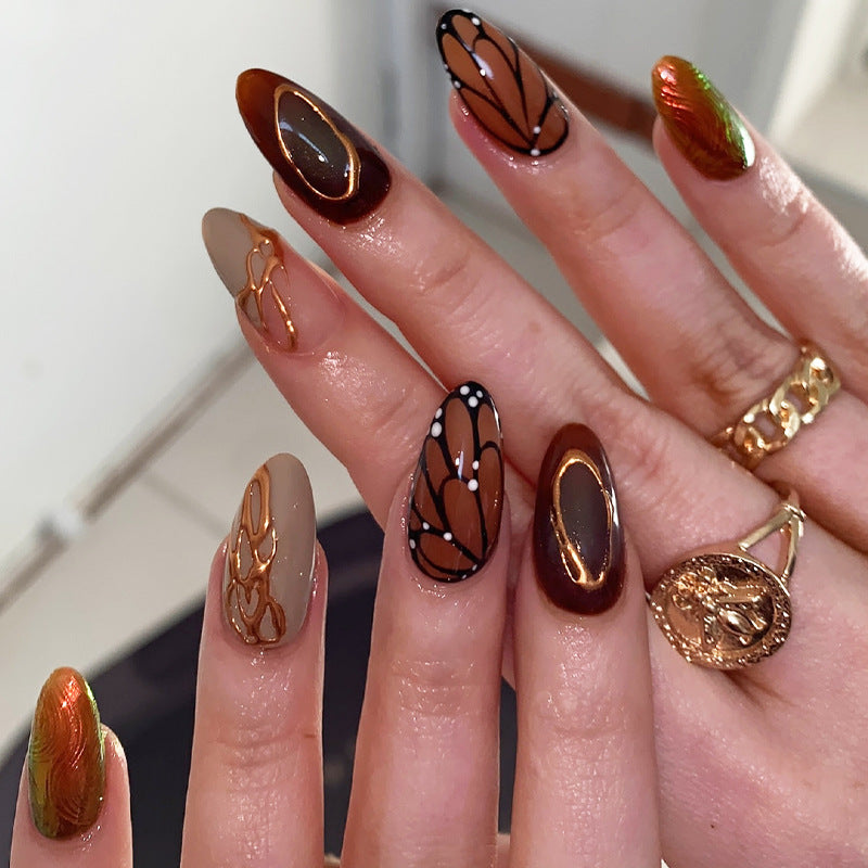 Brown Butterfly Press On Nails – Gold Chrome Medium Almond Design