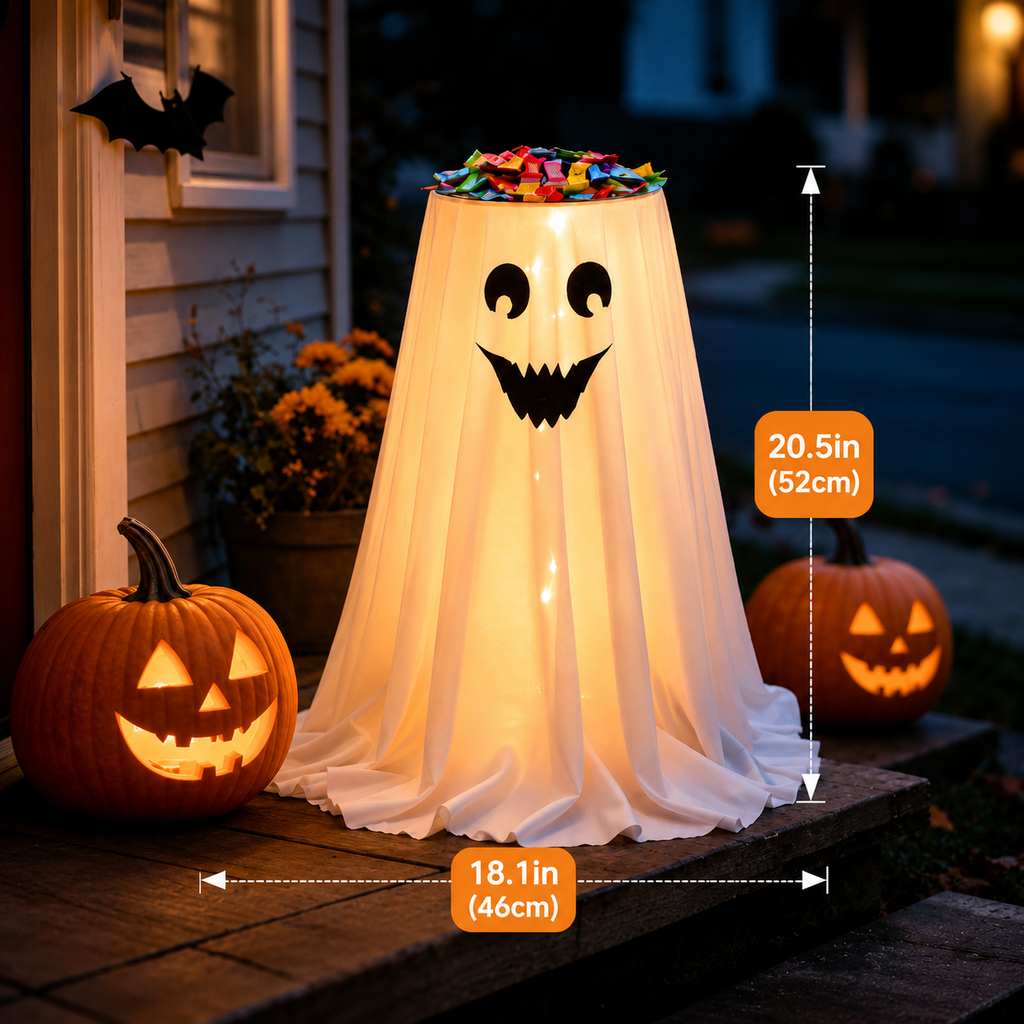Halloween Ghost Candy Holder with LED Lights & Remote Control for Porch Decor