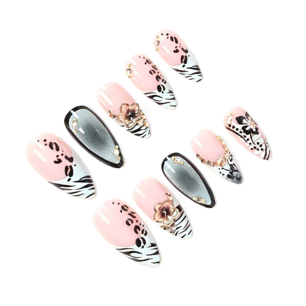 Short Almond Press On Nails – Green Leopard & 3D Floral Design