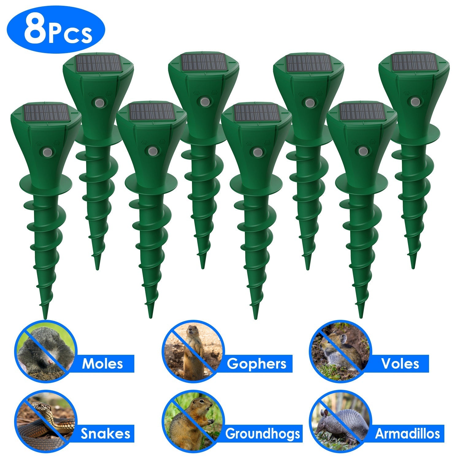 8-Pack Solar Mole Repellent Stakes – Waterproof Vibration