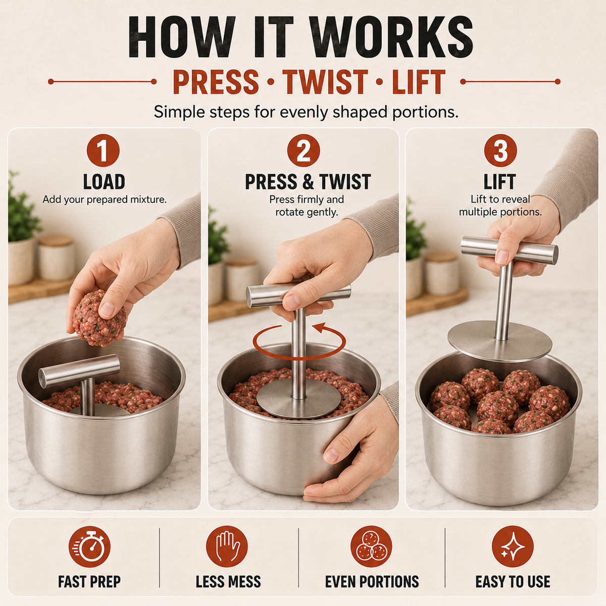 Stainless Steel 6-Hole Meatball Maker, Quick DIY Tool for Meat Balls, Fish Balls, Veggie Balls & Ice Cream