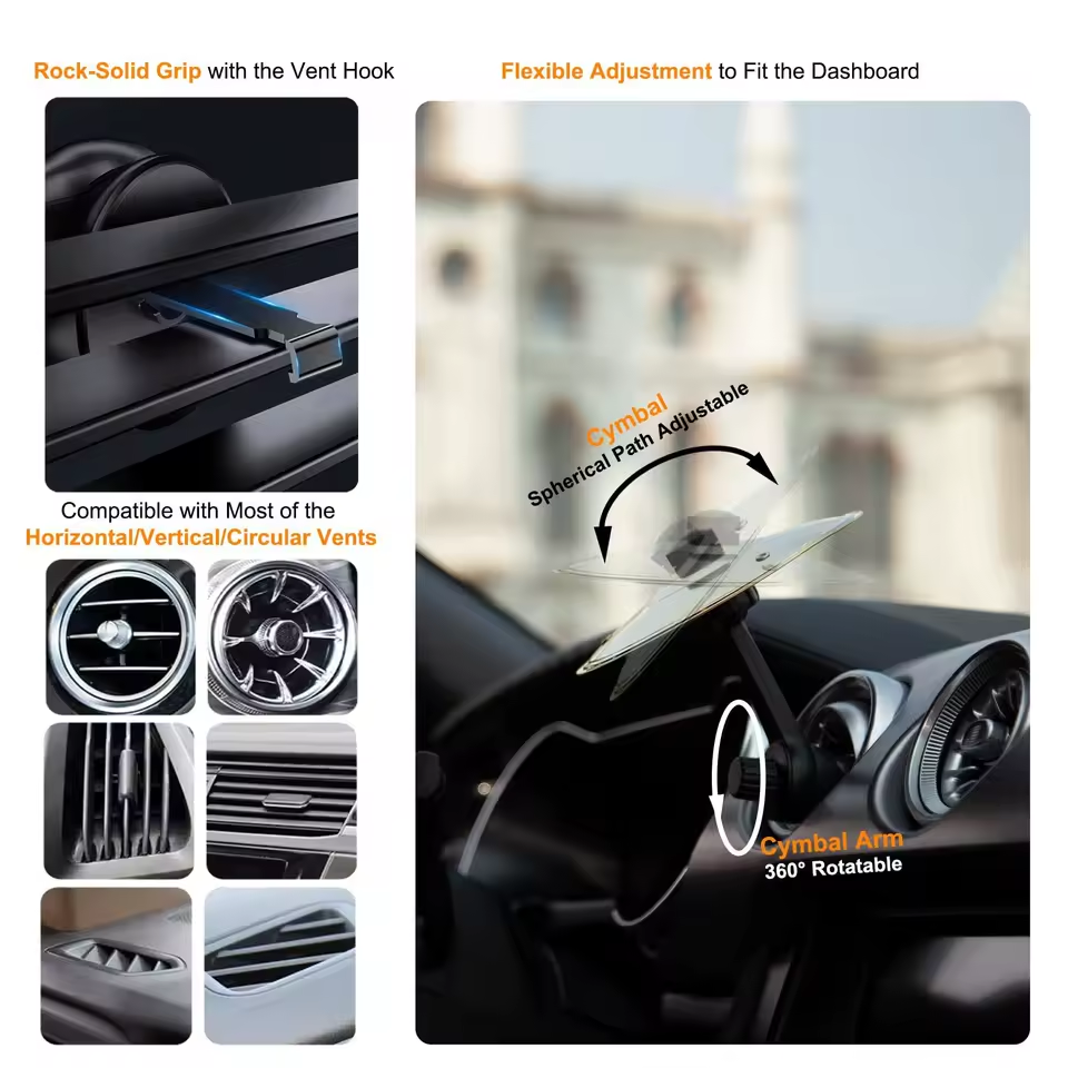 Adjustable Car Cymbal with 360° Rotating Air Vent Mount