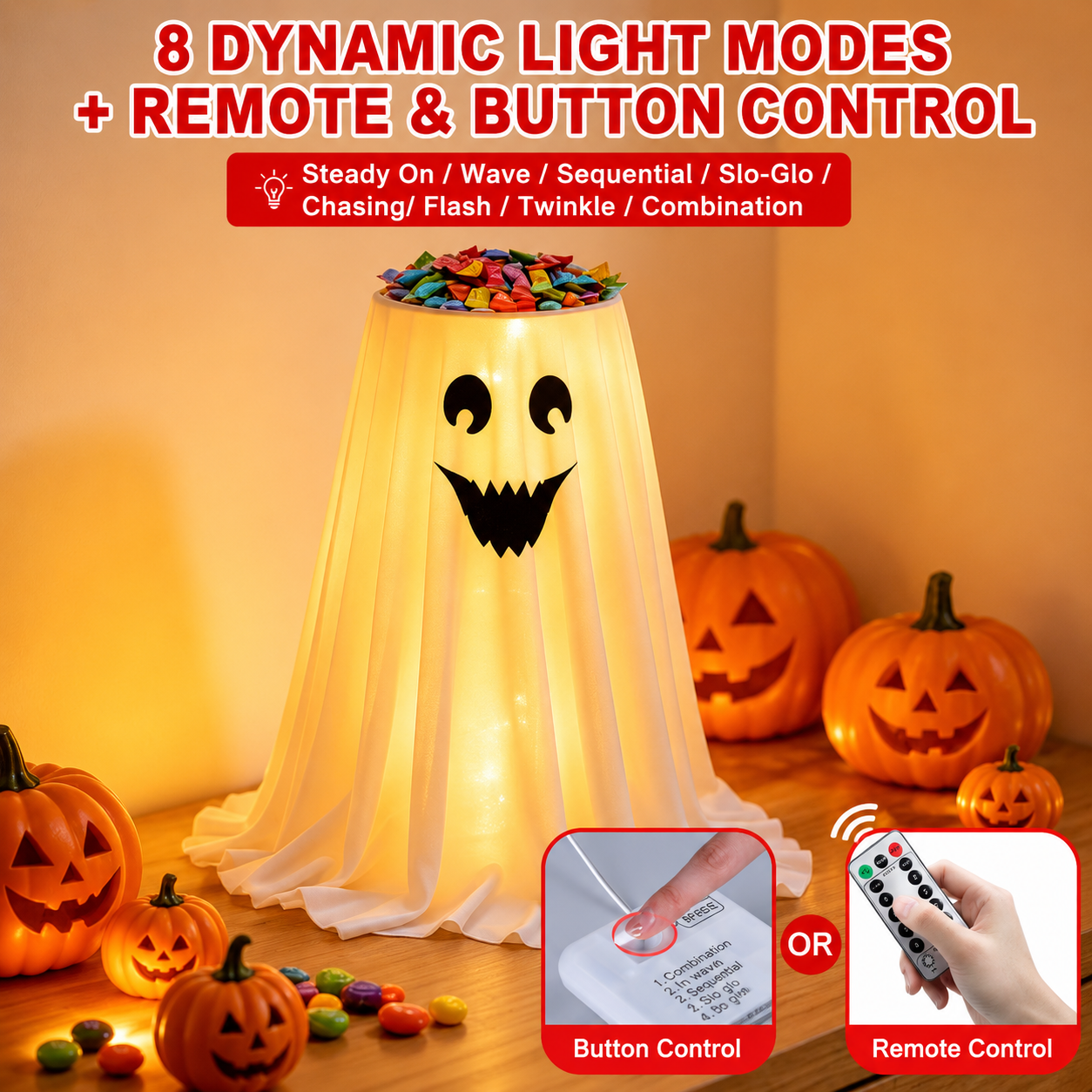 Halloween Ghost Candy Holder with LED Lights & Remote Control for Porch Decor