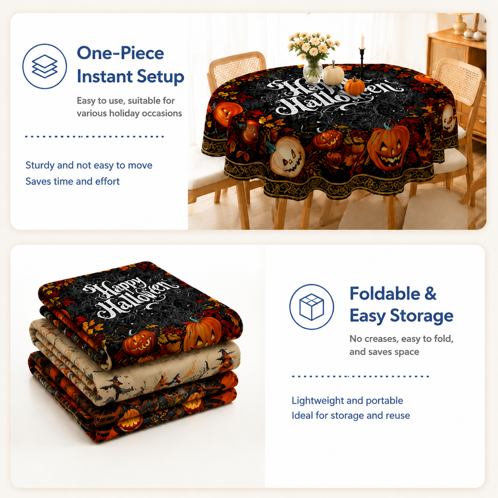 Halloween Tablecloth, Round Polyester Table Cover for Party Decor