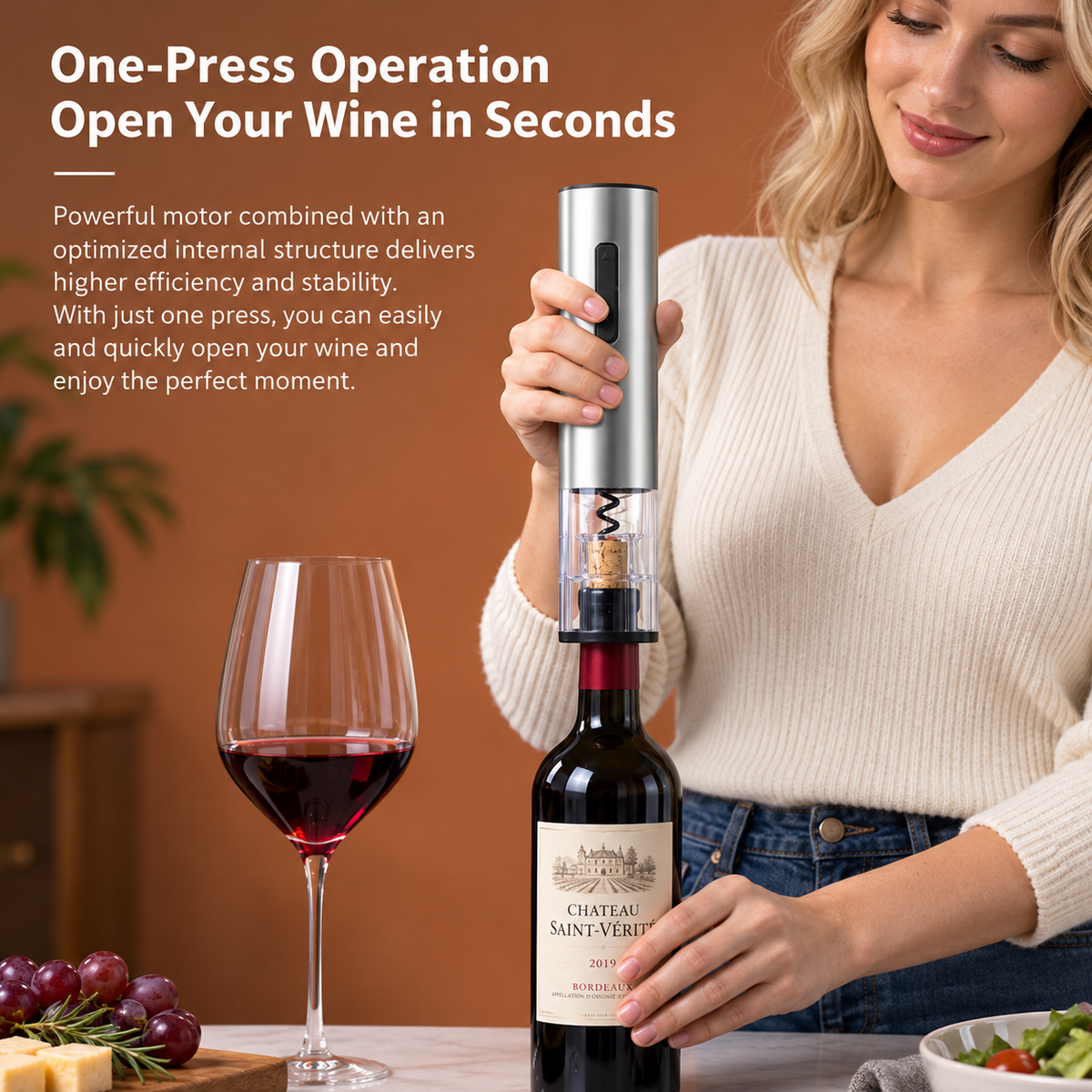Rechargeable Electric Wine Opener Set with Foil Cutter, Pourer & Stopper