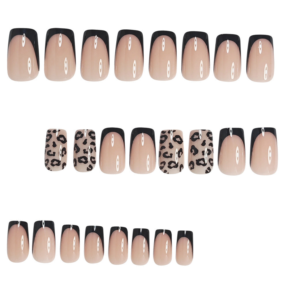 Black French Tip Leopard Print Press-On Nails – 24-Piece Short Square Set