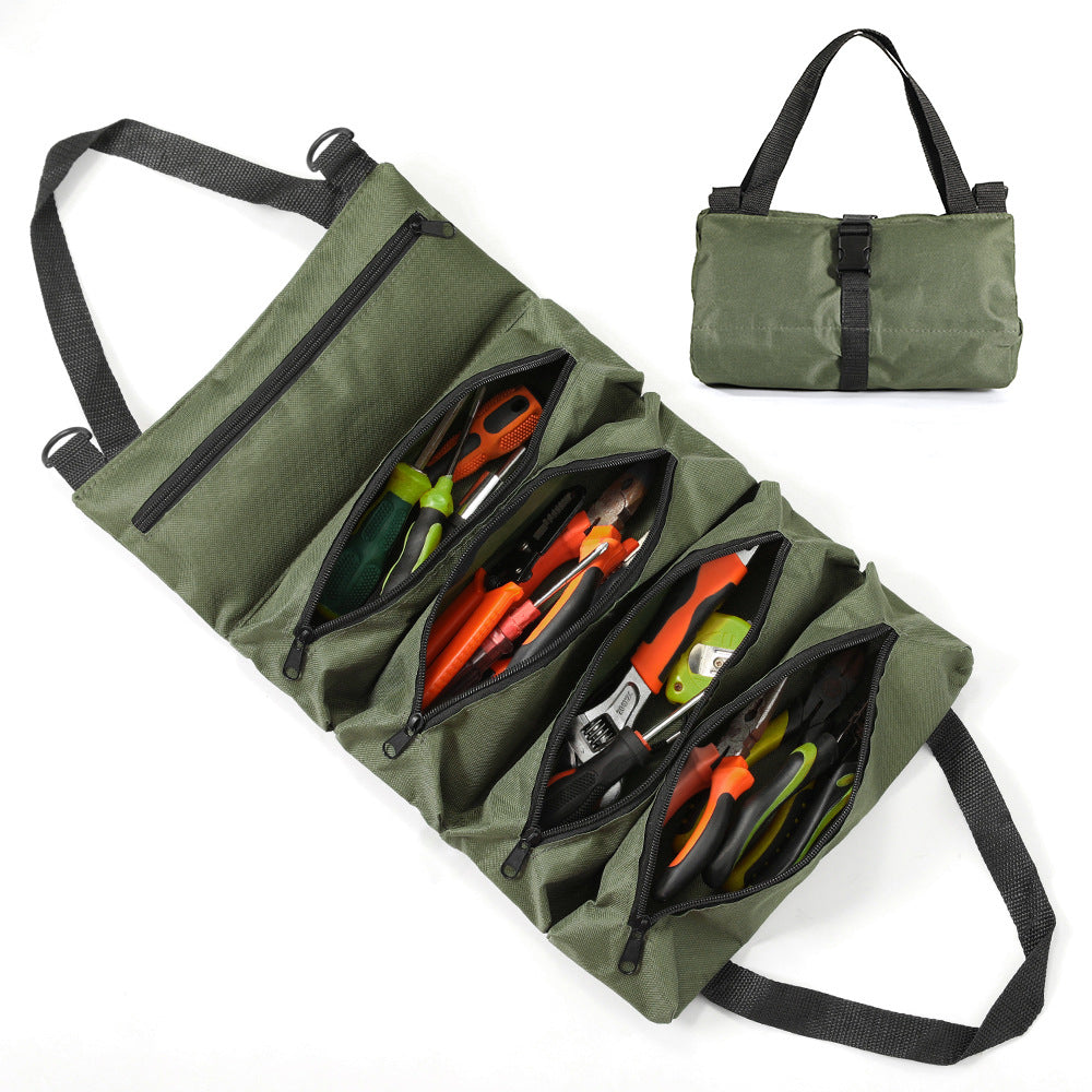Roll Up Tool Bag with 5 Zippered Pockets Canvas Tool Organizer