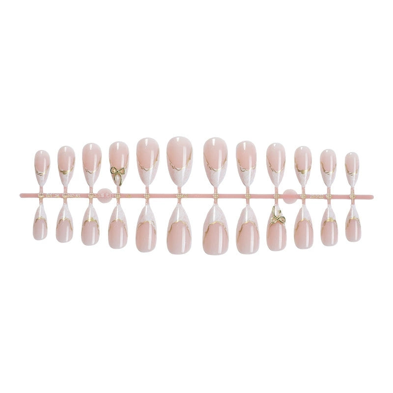 3D Gold Bow Marble French Short Almond Press-On Nails, 24-Pc Kit