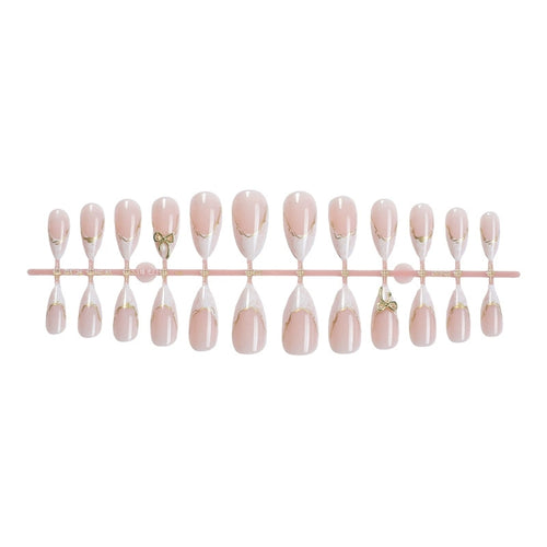 3D Gold Bow Marble French Short Almond Press-On Nails, 24-Pc Kit