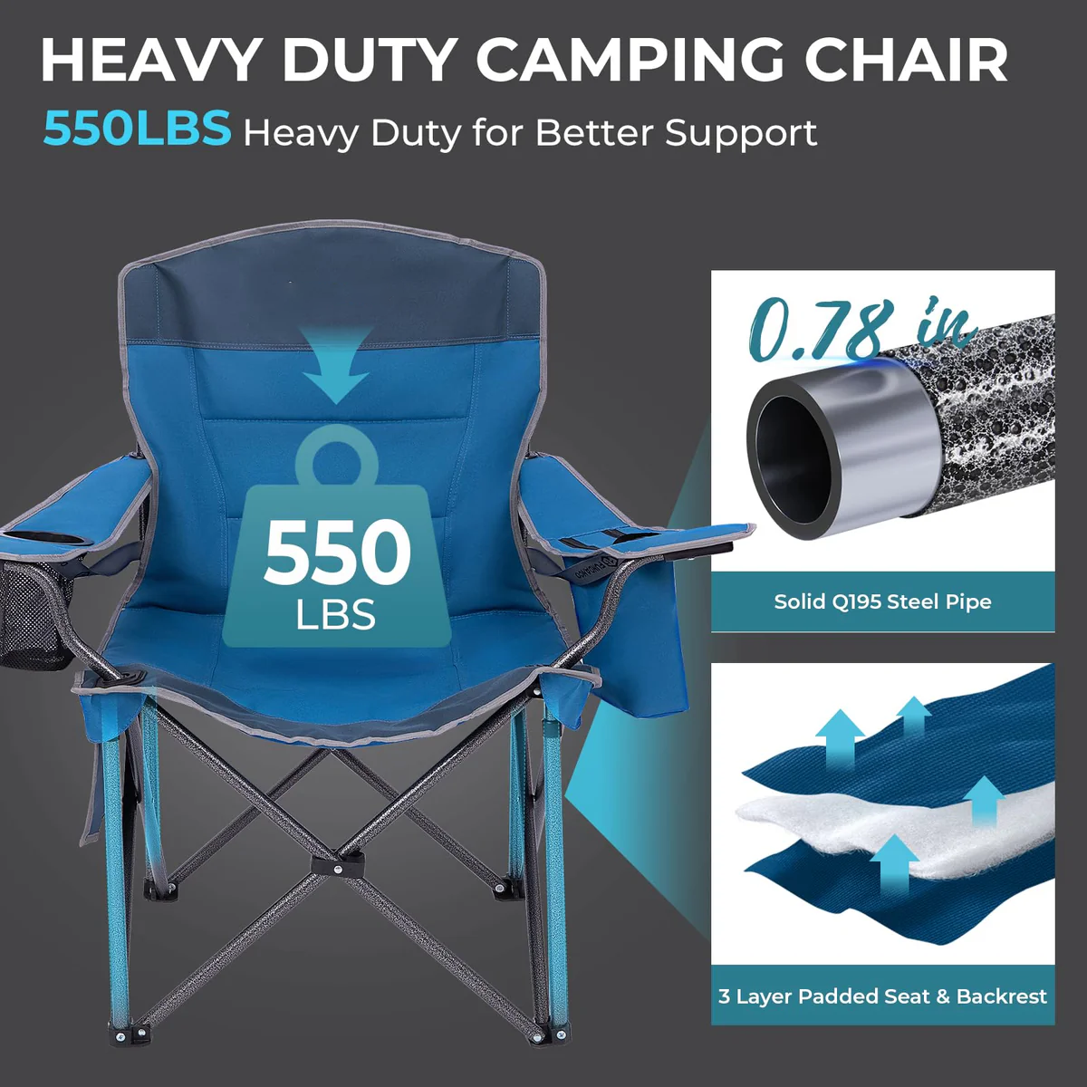 Oversized Outdoor Camping Chair – Heavy Duty 550lb Capacity with Lumbar Support