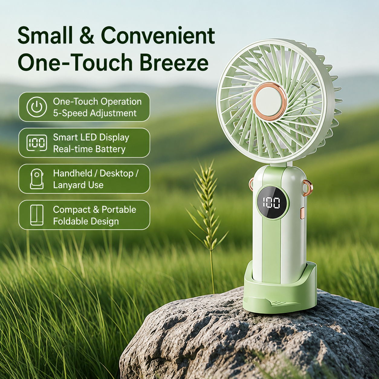 1200mAh Mini USB Rechargeable Fan with 5 Speeds & LED Display