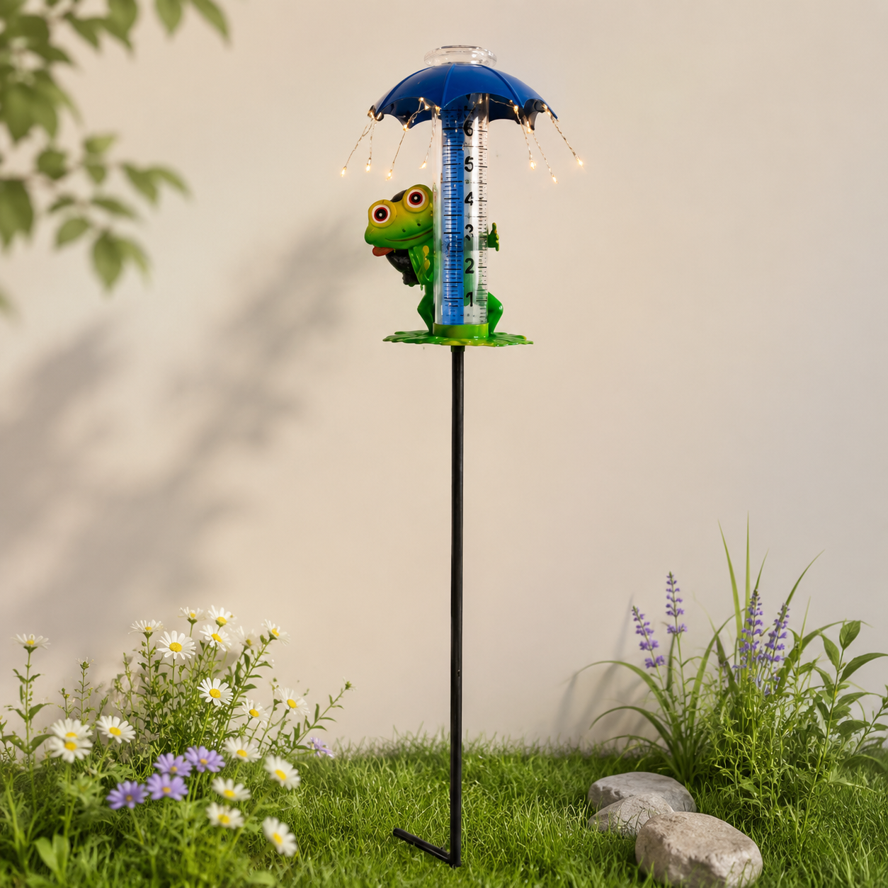 Rain Gauge Outdoor - Frog Rain Gauge with LED Solar Lights, Metal Water Gauge for Yard Garden Decor