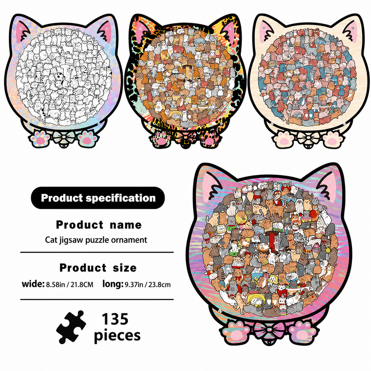 Morandi Colored Cat Shaped Wooden Jigsaw Puzzle