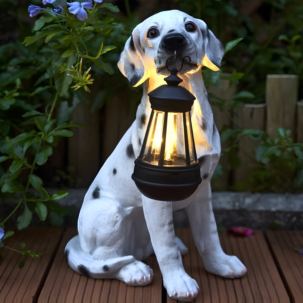 Resin Dog Statue with Solar Lantern, Outdoor Garden Decor Light