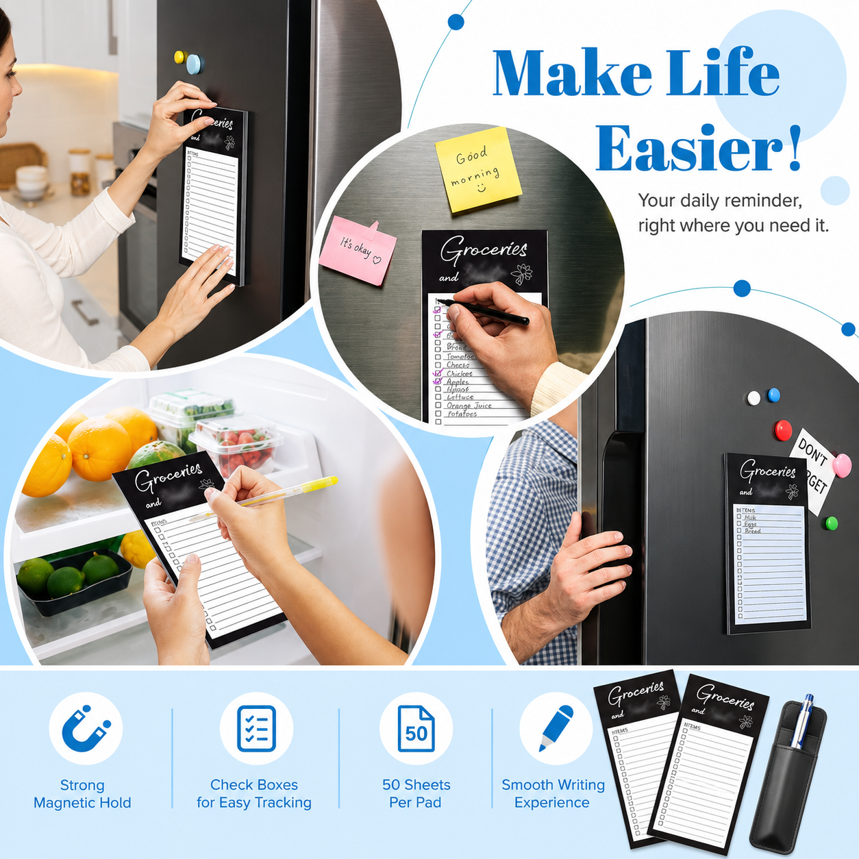Magnetic Grocery List Notepad with Pen Holder for Fridge