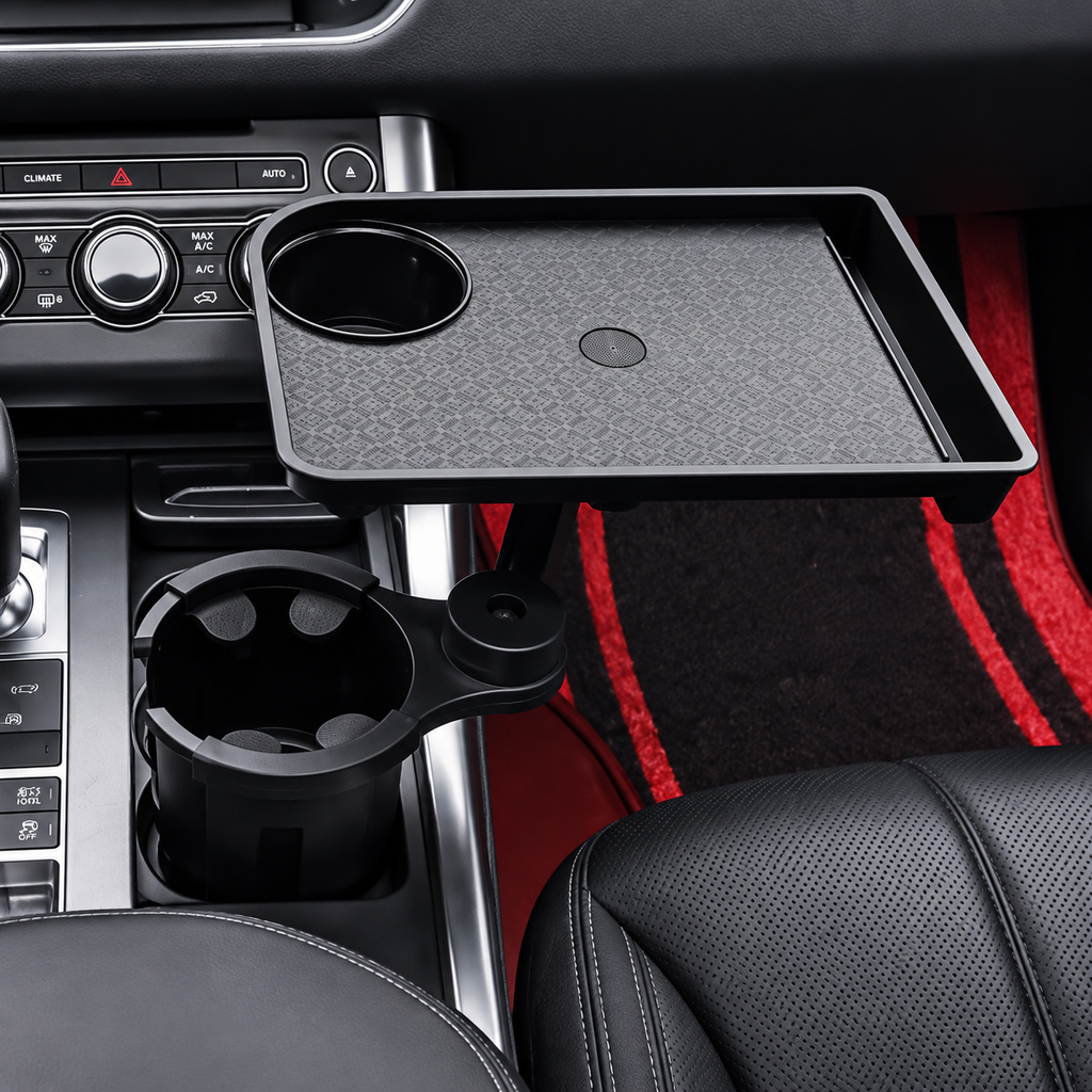 Car Cup Holder Tray with 360° Adjustable Food Tray & Extra Cup Holder