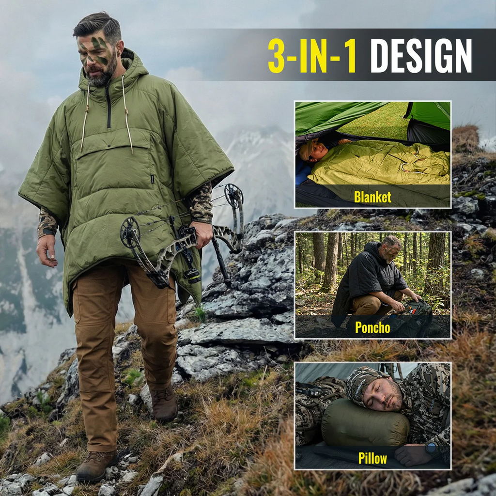 3-in-1 Wearable Hooded Poncho Blanket – Lightweight Camping Blanket with Pocket