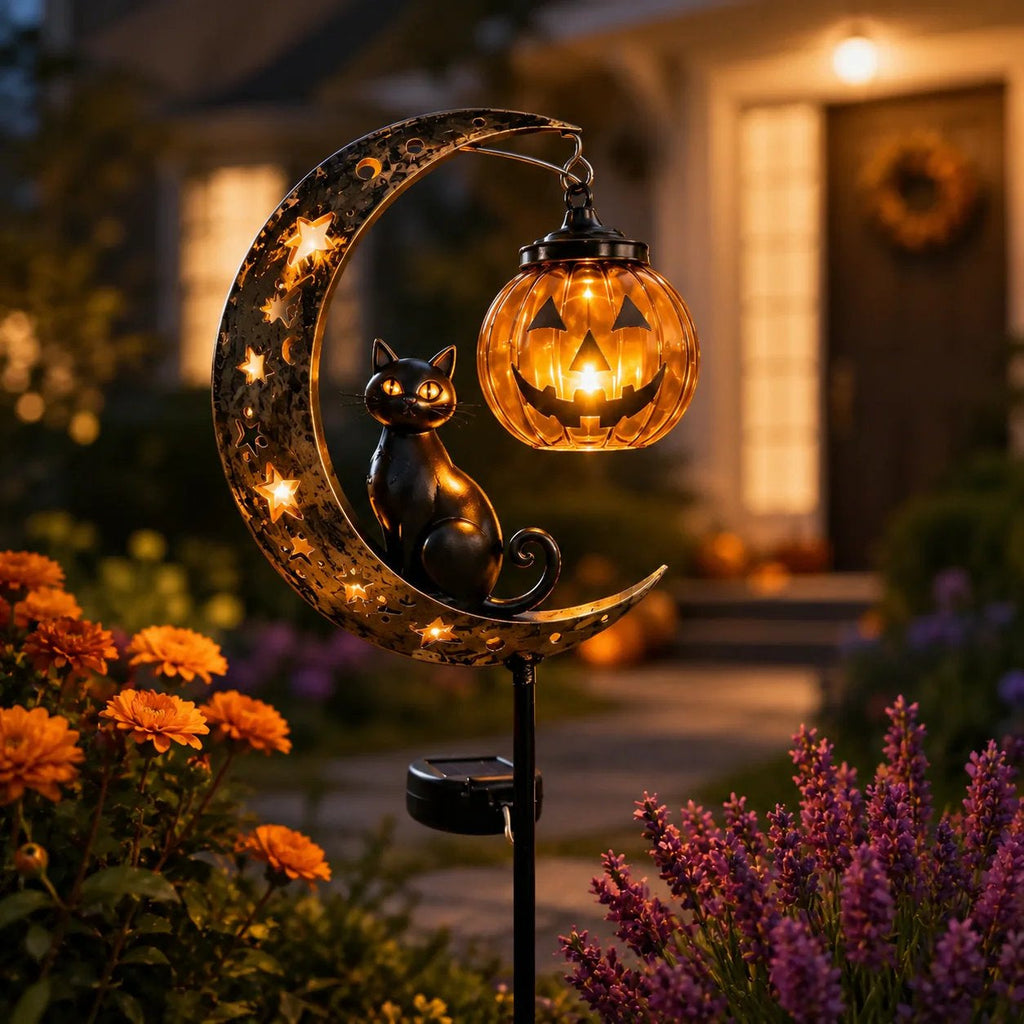 Solar Pumpkin Moon Garden Stake Light with Black Cat Halloween Decor